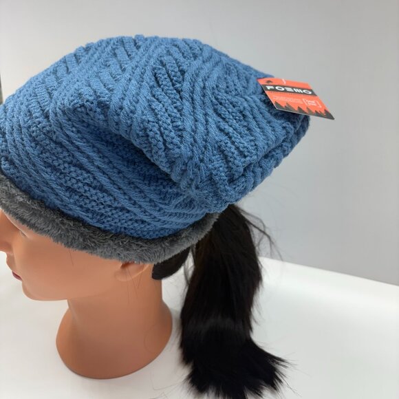 Hat - Slouchy Oversized Baggy  Winter Beanie Hat- Blue W/Gray Fur - Unisex - NWT - Picture 3 of 9